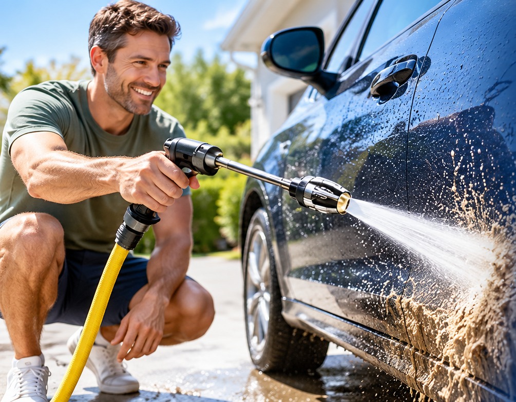 Man using Power Blast Plus to rinse a vehicle