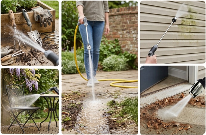 Outdoor cleaning uses including garden tools, patio, siding and entryway